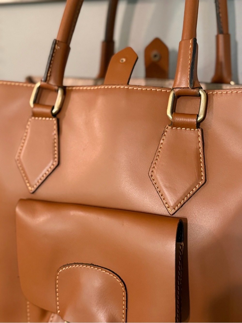 A. Belluci Italian smooth calf Leather Tote with Front Pocket and Ring Accent - Picture 3 of 15
